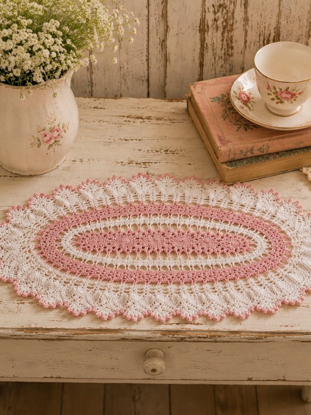 Vintage Hand Crocheted Pink & White Cotton Oval Doily – Shabby Chic Cottage Dé